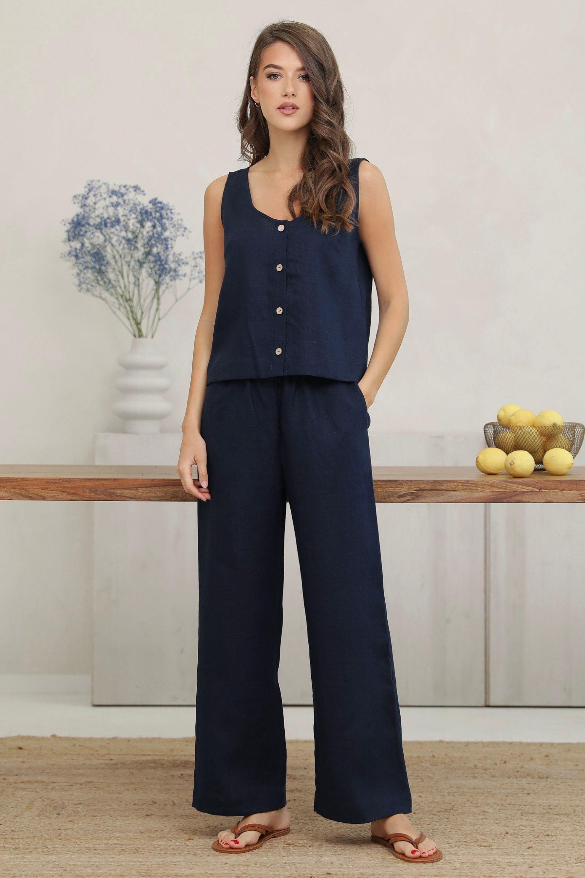 Pieces Linen Set in Dark Navy Blue - Main Image