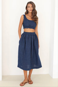 checkered linen skirt, checkered skirt, check skirt, gingham skirt, navy linen skirt, blue linen skirt, linen skirt, linen skirt with elastic waist, high waisted linen skirt, linen skirt pockets, linen skirt midi, summer linen skirt, casual skirt