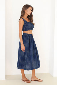 checkered linen skirt, checkered skirt, check skirt, gingham skirt, navy linen skirt, blue linen skirt, linen skirt, linen skirt with elastic waist, high waisted linen skirt, linen skirt pockets, linen skirt midi, summer linen skirt, casual skirt