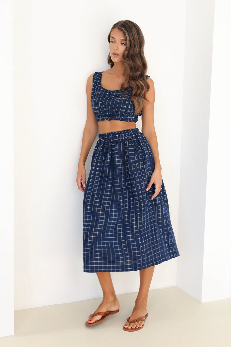 checkered linen skirt, checkered skirt, check skirt, gingham skirt, navy linen skirt, blue linen skirt, linen skirt, linen skirt with elastic waist, high waisted linen skirt, linen skirt pockets, linen skirt midi, summer linen skirt, casual skirt