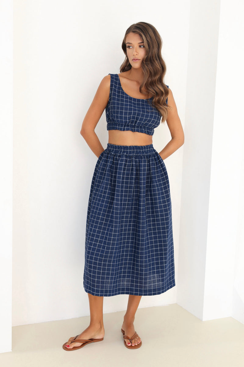 checkered linen skirt, checkered skirt, check skirt, gingham skirt, navy linen skirt, blue linen skirt, linen skirt, linen skirt with elastic waist, high waisted linen skirt, linen skirt pockets, linen skirt midi, summer linen skirt, casual skirt