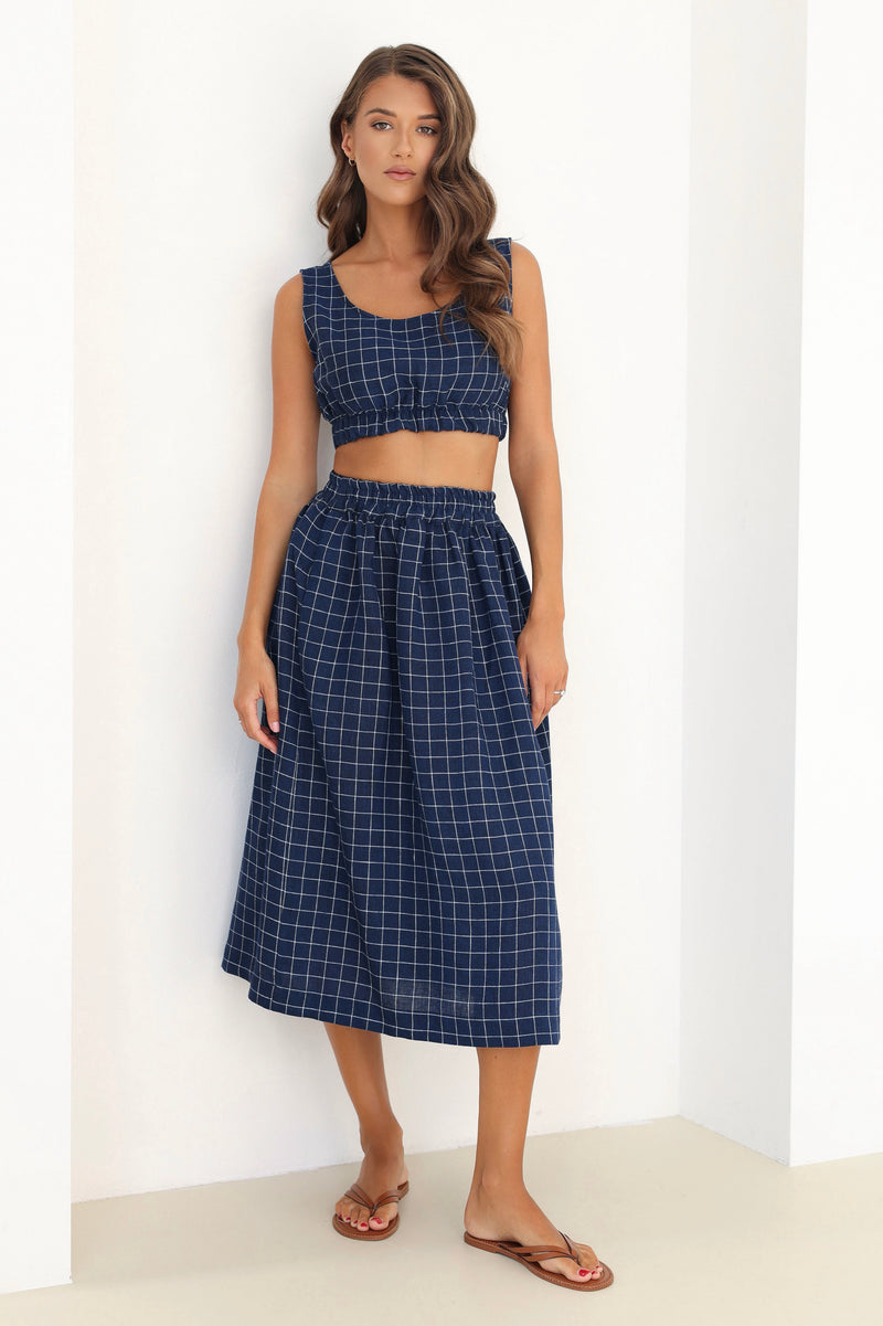 checkered linen skirt, checkered skirt, check skirt, gingham skirt, navy linen skirt, blue linen skirt, linen skirt, linen skirt with elastic waist, high waisted linen skirt, linen skirt pockets, linen skirt midi, summer linen skirt, casual skirt