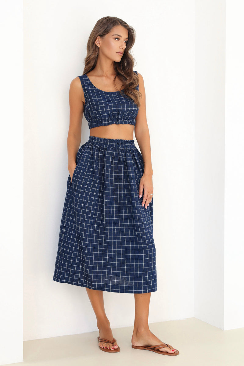 checkered linen skirt, checkered skirt, check skirt, gingham skirt, navy linen skirt, blue linen skirt, linen skirt, linen skirt with elastic waist, high waisted linen skirt, linen skirt pockets, linen skirt midi, summer linen skirt, casual skirt