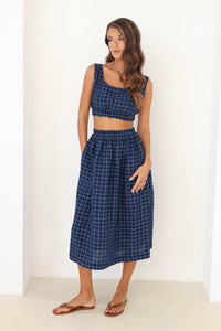 checkered linen skirt, checkered skirt, check skirt, gingham skirt, navy linen skirt, blue linen skirt, linen skirt, linen skirt with elastic waist, high waisted linen skirt, linen skirt pockets, linen skirt midi, summer linen skirt, casual skirt