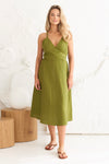 Linen Dress With Back Ribbon in Moss Green