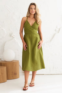 Linen Dress With Back Ribbon in Moss Green