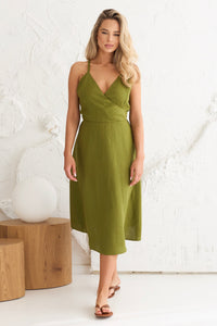 Linen Dress With Back Ribbon in Moss Green