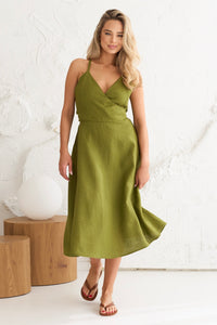 Linen Dress With Back Ribbon in Moss Green