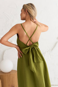 Linen Dress With Back Ribbon in Moss Green