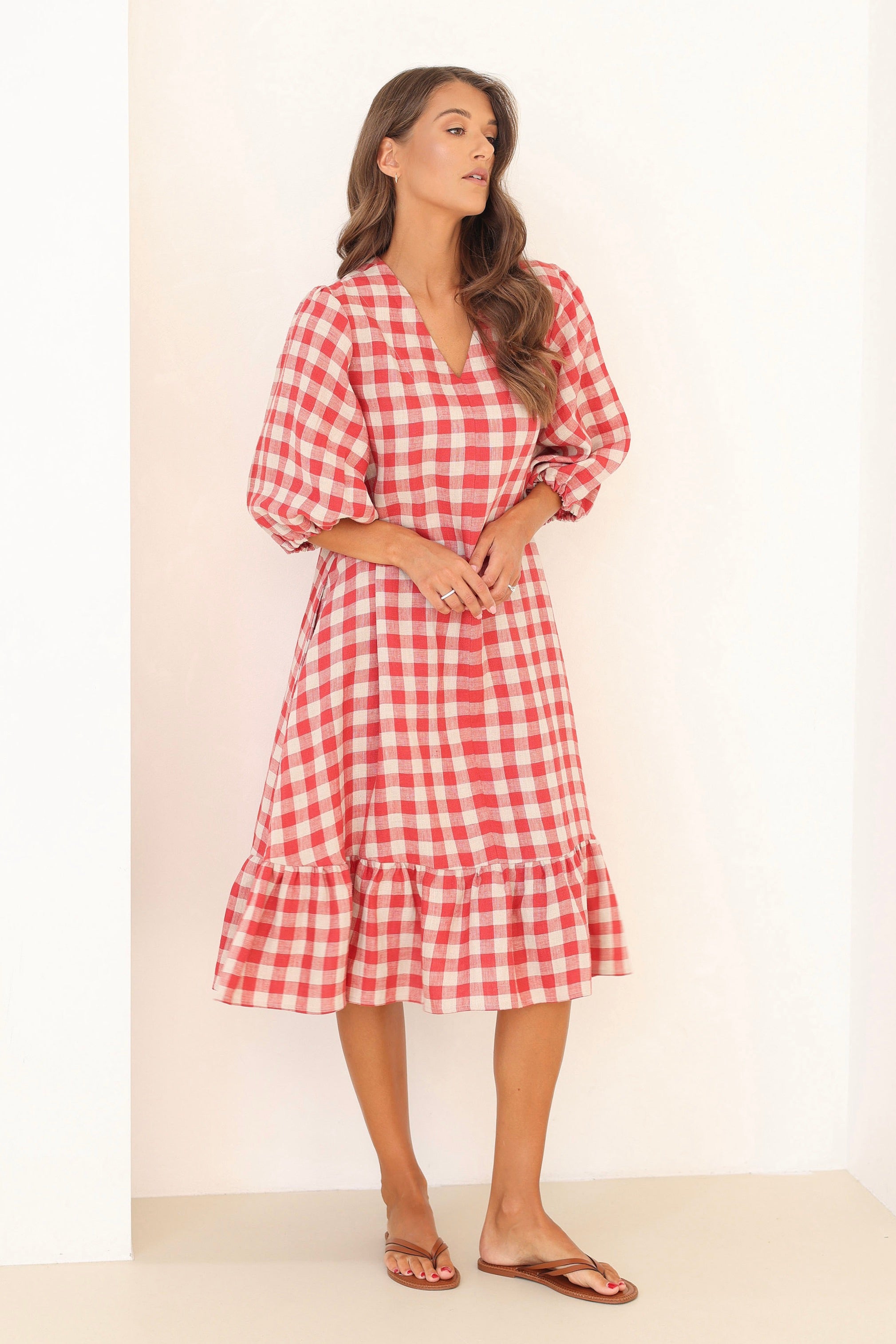 Linen Puffy Sleeve Dress in Red Gingham Linen Swan Linen Puffy Sleeve Dress in Red Gingham Linen Swan