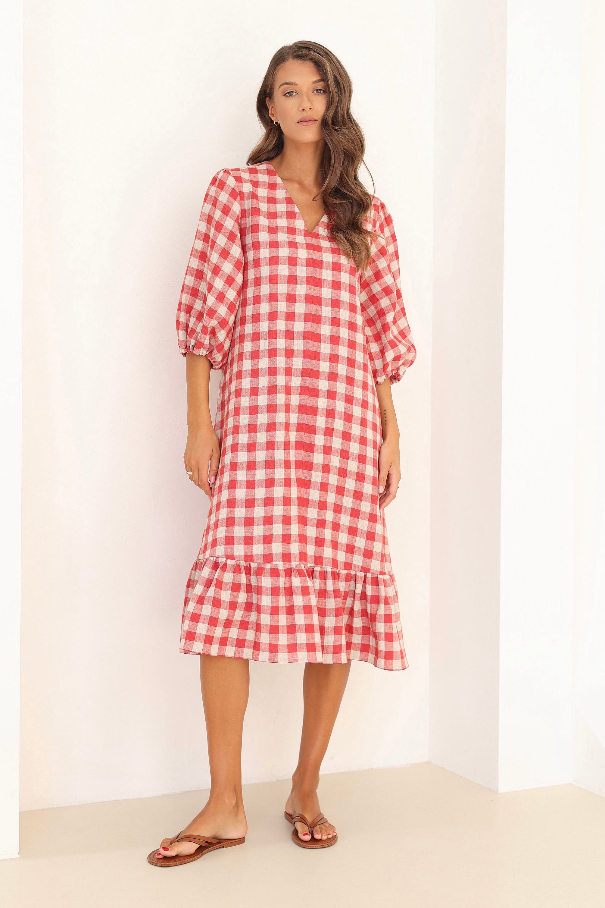 Linen Puffy Sleeve Dress in Red Gingham Linen Swan Linen Puffy Sleeve Dress in Red Gingham Linen Swan