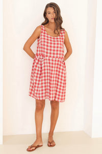 red and white checkered dress, check dress, checkered dress, plaid summer dress, gingham dress, women linen dress, sleeveless linen dress, summer dress, gingham clothes, oversized dress, casual dress, sundress, vacation dress, Lithuanian linen