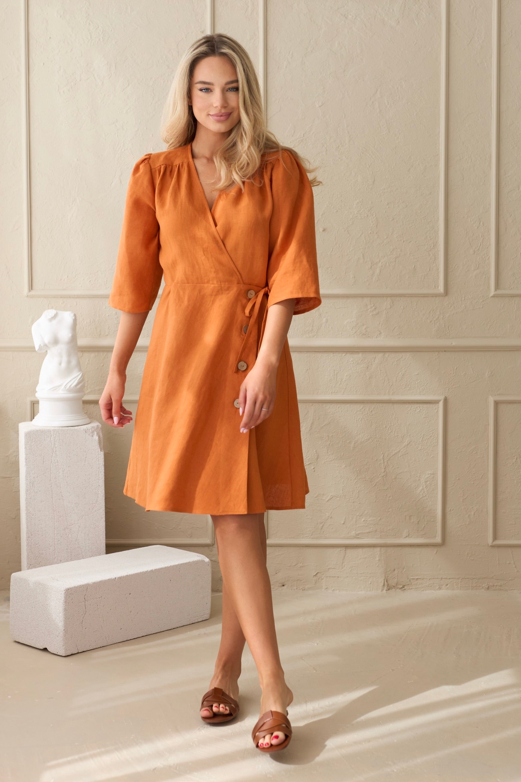 orange linen wrap dress Zulu Linen Wrap Dress in Copper