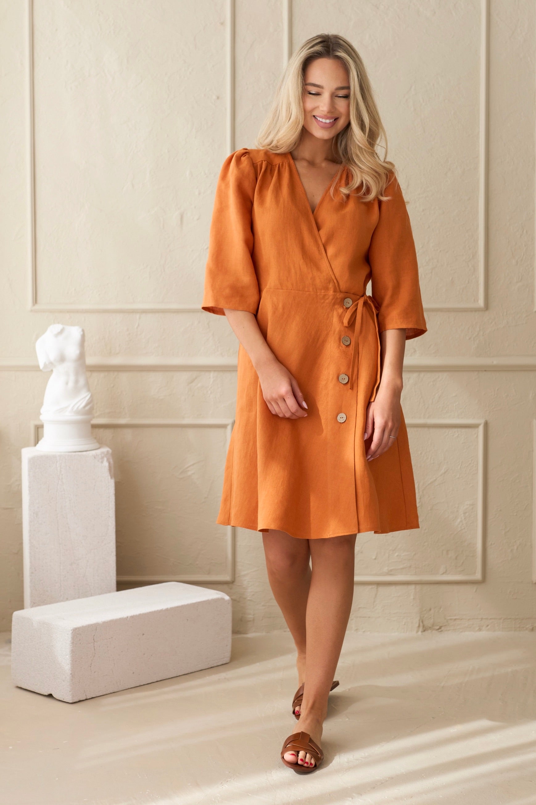 Linen Wrap Dress in Burnt Orange Linen Swan Linen Wrap Dress in Burnt Orange Linen Swan