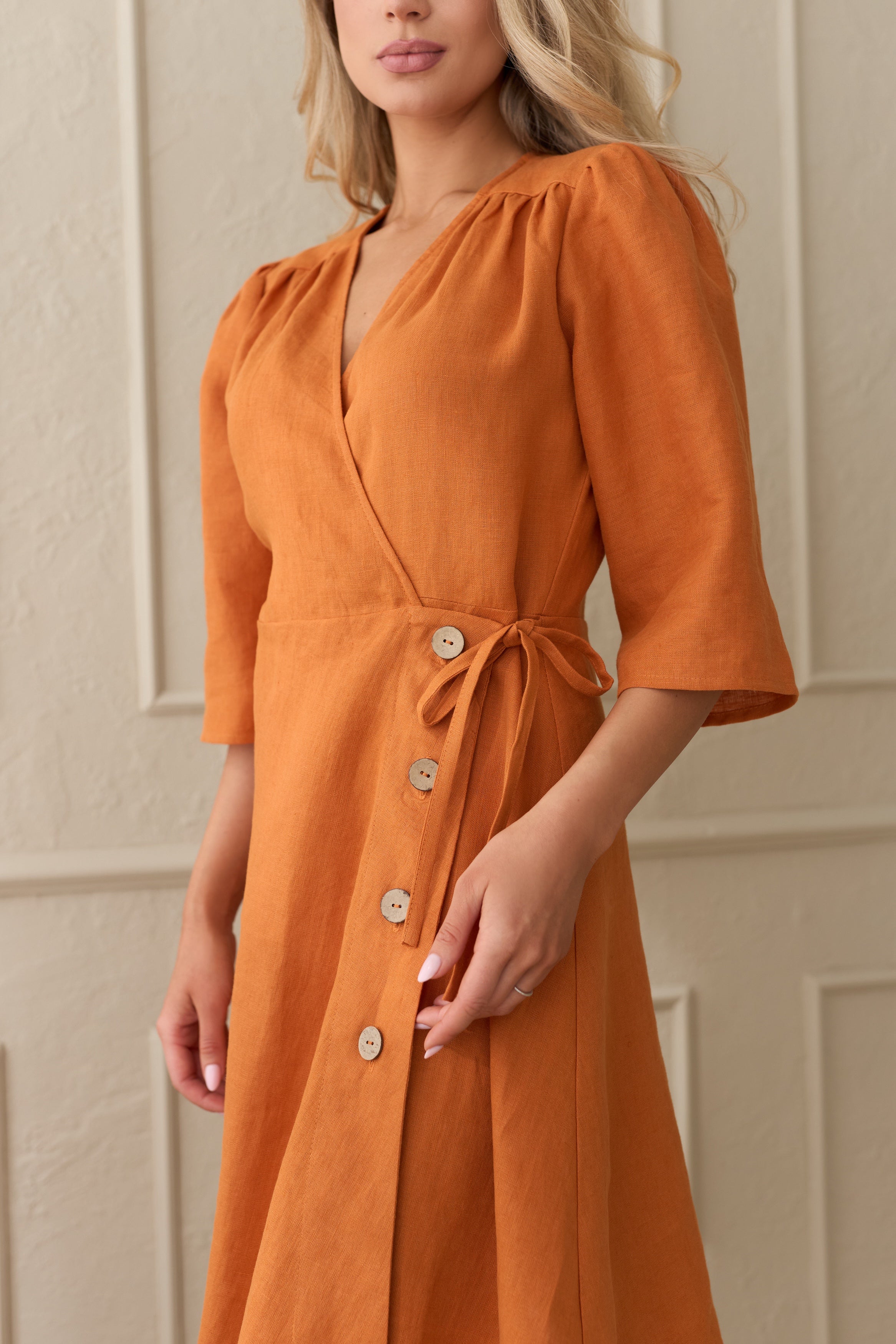 Linen Wrap Dress in Burnt Orange Linen Swan Linen Wrap Dress in Burnt Orange Linen Swan
