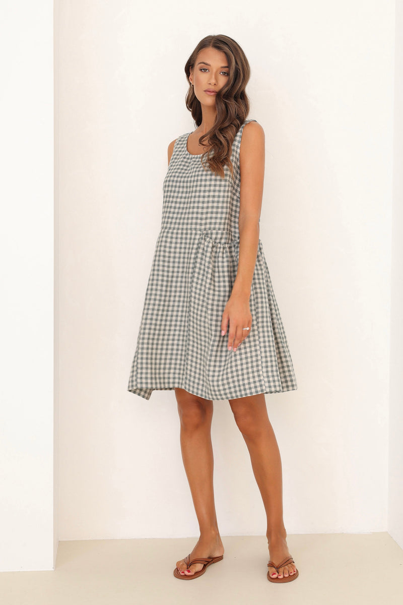 linen dress, gingham dress, check dress, checkered dress, gingham linen dress, mini gingham linen dress, gingham clothes, mini linen dress, basic linen dress, casual linen dress, European linen dress, Lithuanian linen dress, sleeveless linen dress,