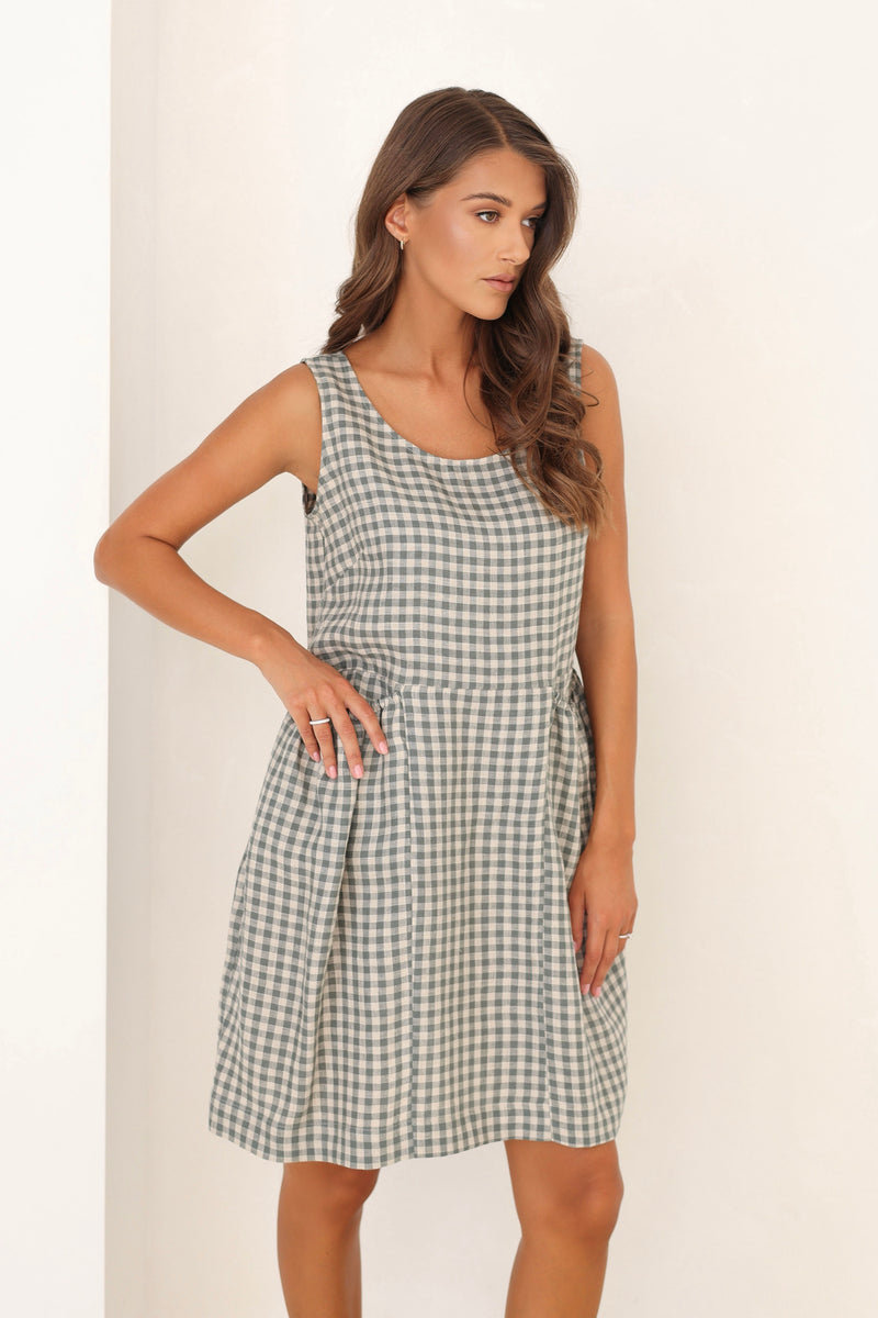 linen dress, gingham dress, check dress, checkered dress, gingham linen dress, mini gingham linen dress, gingham clothes, mini linen dress, basic linen dress, casual linen dress, European linen dress, Lithuanian linen dress, sleeveless linen dress,