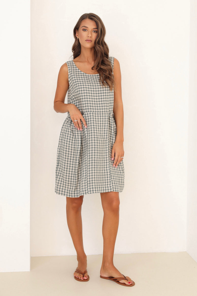 linen dress, gingham dress, check dress, checkered dress, gingham linen dress, mini gingham linen dress, gingham clothes, mini linen dress, basic linen dress, casual linen dress, European linen dress, Lithuanian linen dress, sleeveless linen dress,