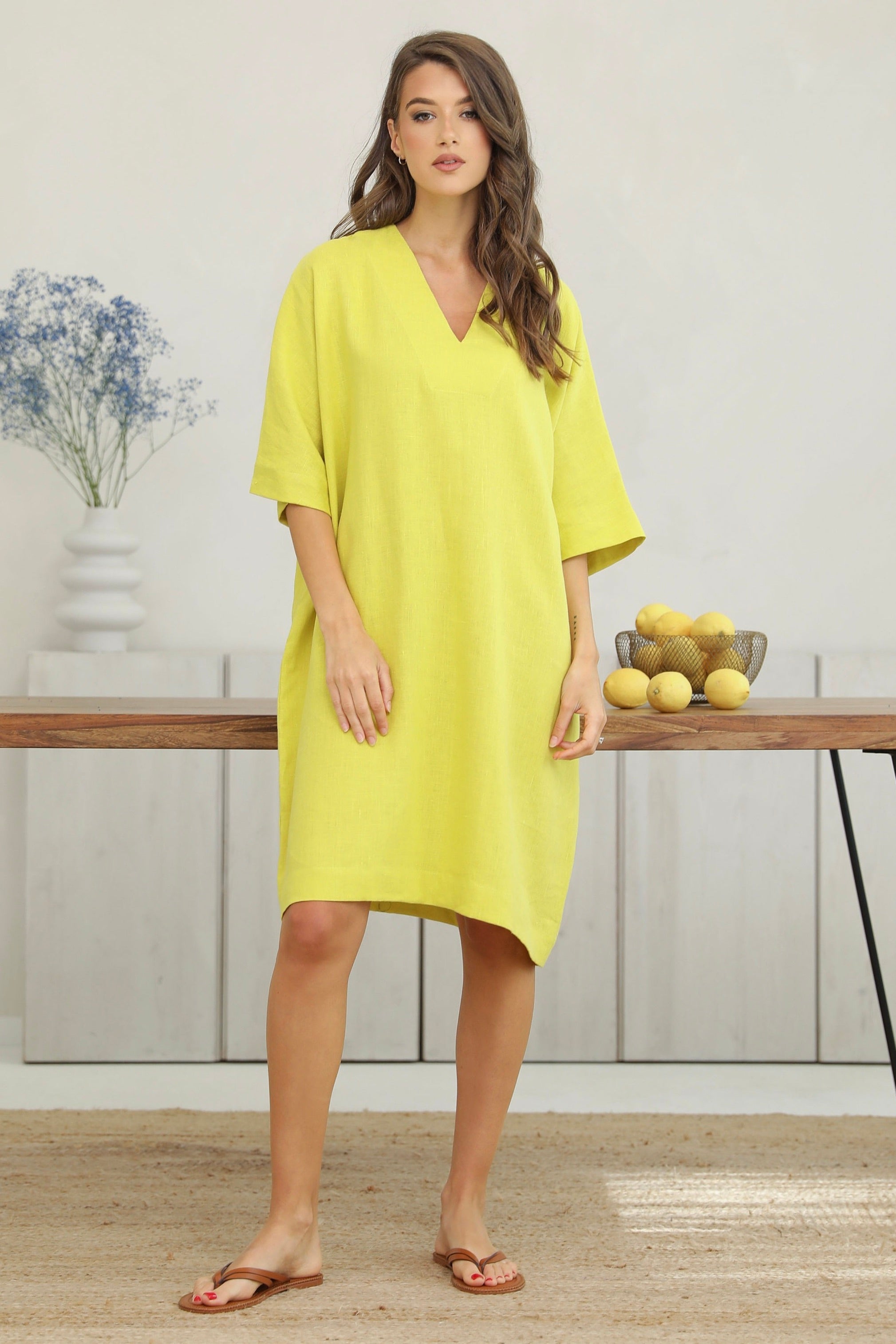 Linen Tunic Dress in Lemon Linen Swan Linen Tunic Dress in Lemon Linen Swan