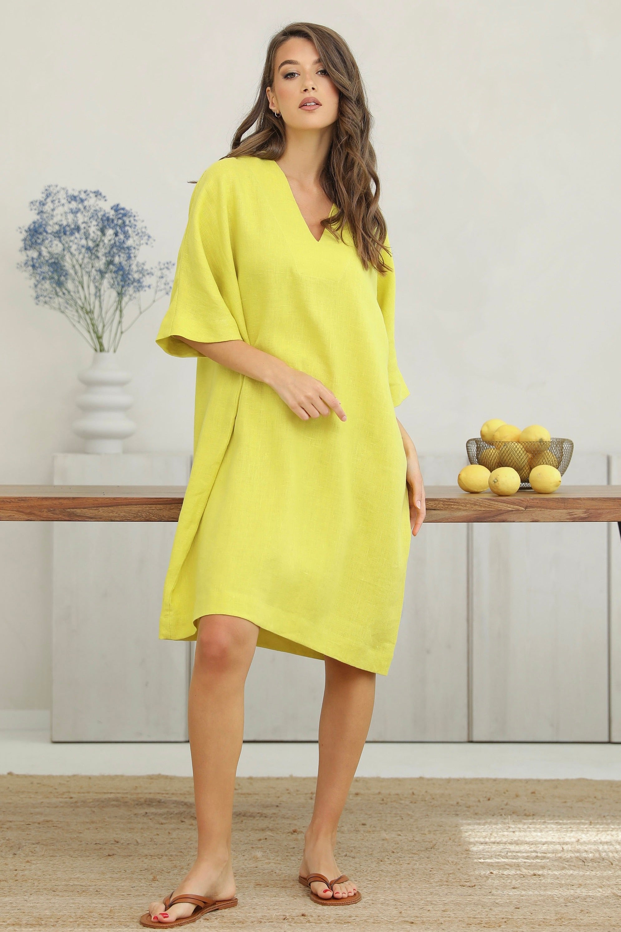 Linen Tunic Dress in Lemon Linen Swan Linen Tunic Dress in Lemon Linen Swan