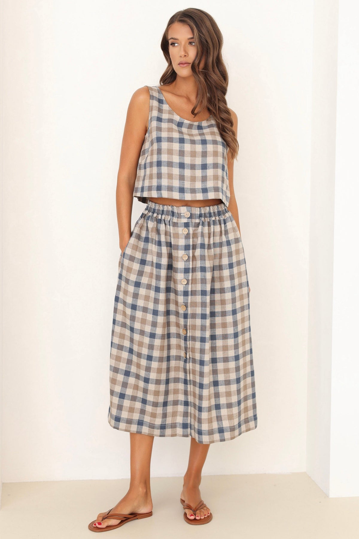 Button Front Linen Skirt, Checkered Linen Skirt, Linen Skirt With Elastic Waist, Linen Skirt with Pockets, checkered linen skirt, check skirt, gingham skirt, blue linen skirt, high waisted linen skirt, linen skirt midi, summer linen skirt