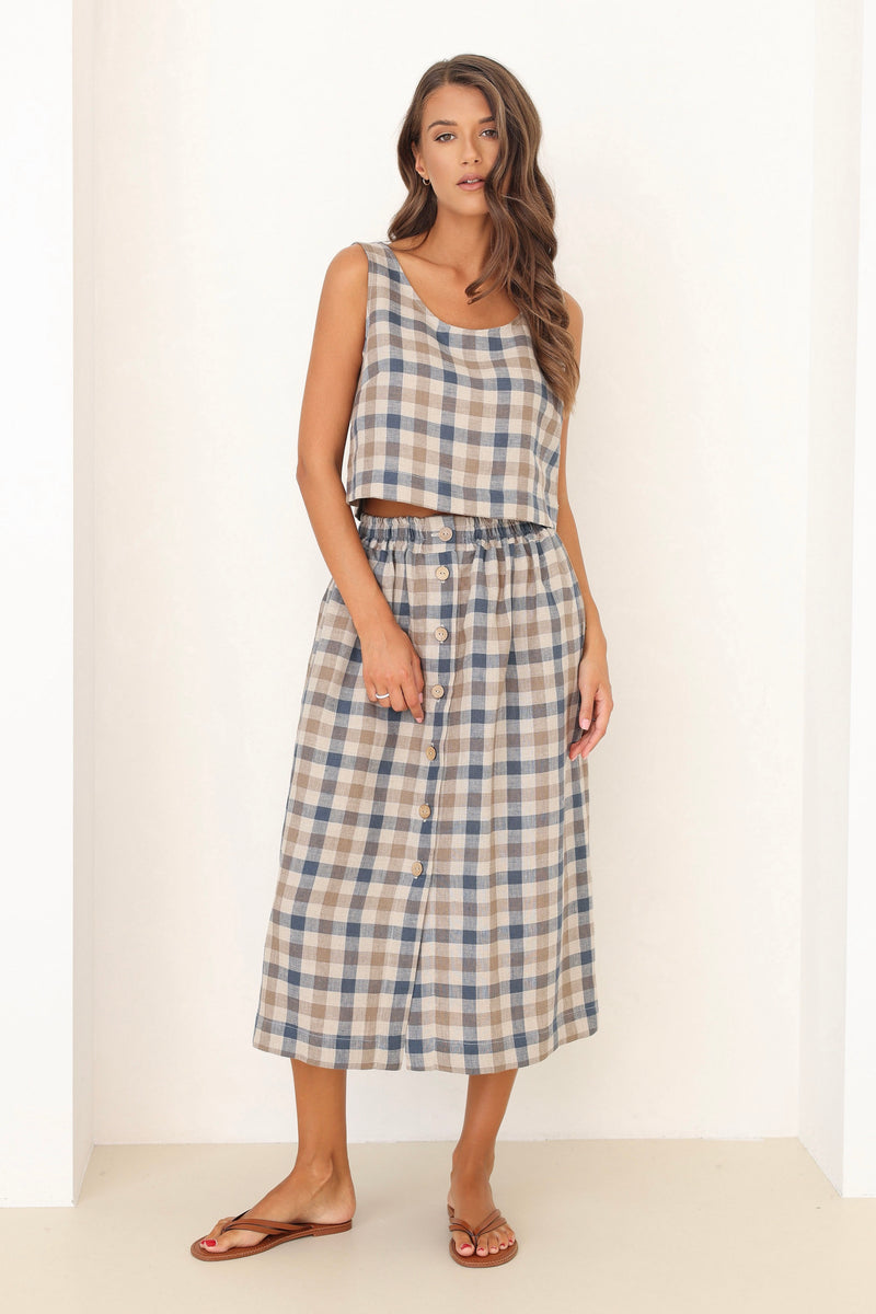 Button Front Linen Skirt, Checkered Linen Skirt, Linen Skirt With Elastic Waist, Linen Skirt with Pockets, checkered linen skirt, check skirt, gingham skirt, blue linen skirt, high waisted linen skirt, linen skirt midi, summer linen skirt