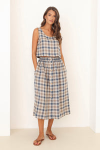 Button Front Linen Skirt, Checkered Linen Skirt, Linen Skirt With Elastic Waist, Linen Skirt with Pockets, checkered linen skirt, check skirt, gingham skirt, blue linen skirt, high waisted linen skirt, linen skirt midi, summer linen skirt