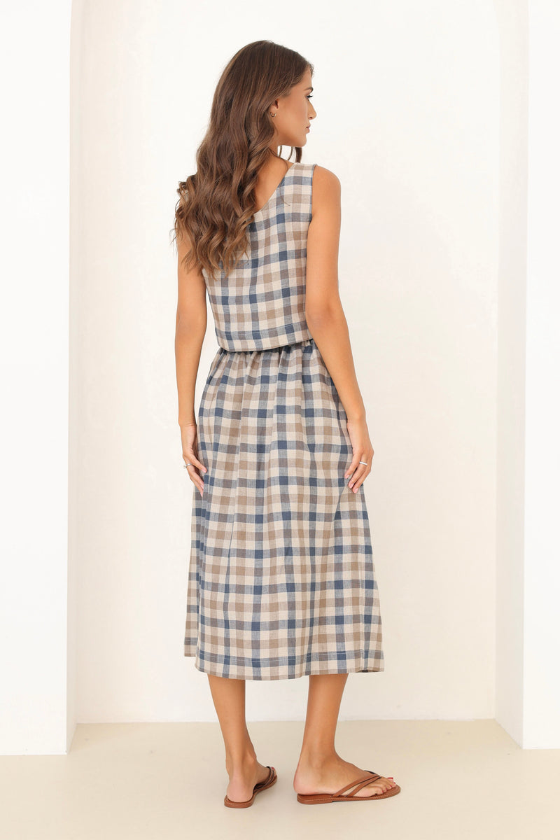 Button Front Linen Skirt, Checkered Linen Skirt, Linen Skirt With Elastic Waist, Linen Skirt with Pockets, checkered linen skirt, check skirt, gingham skirt, blue linen skirt, high waisted linen skirt, linen skirt midi, summer linen skirt