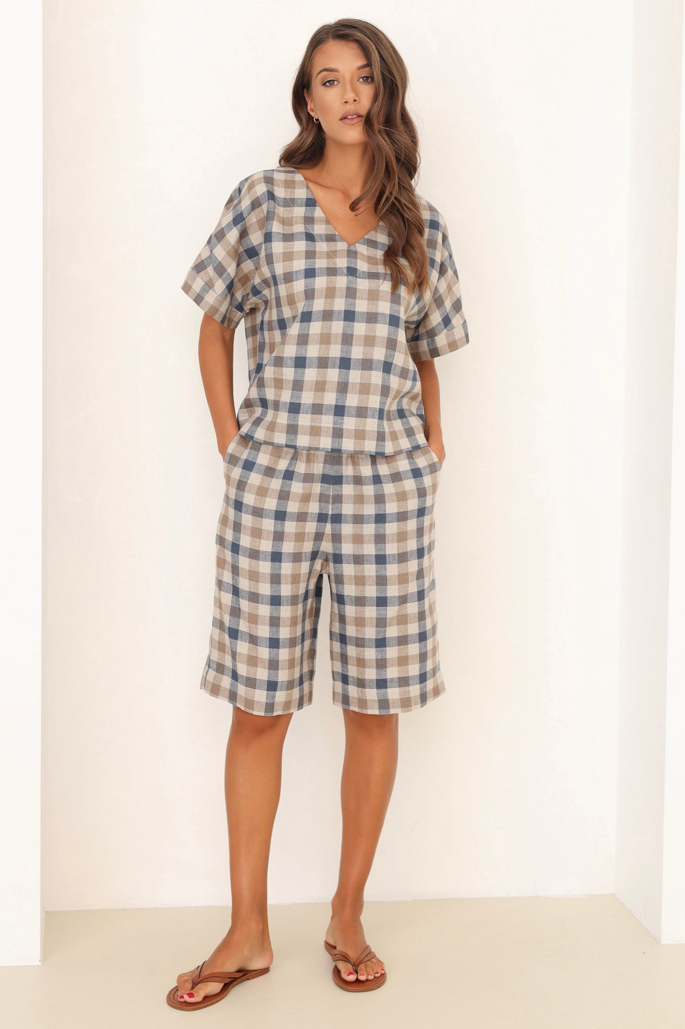 Linen Shorts in Blue Brown Gingham – Linen Swan