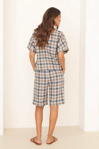 Linen Top in Blue Brown Gingham