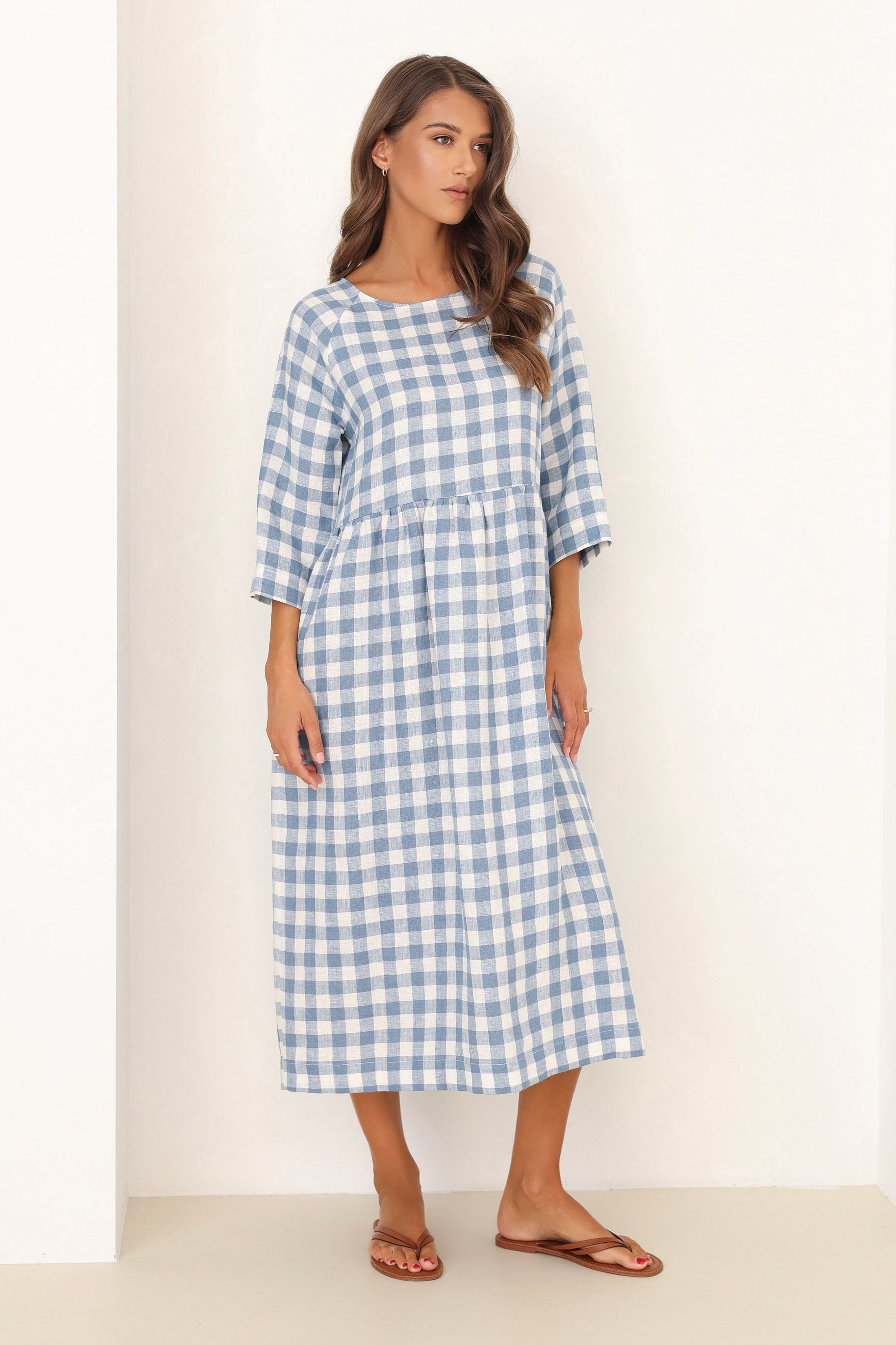 Linen Oversized Dress in Light Blue Gingham Linen Swan Linen Oversized Dress in Light Blue Gingham Linen Swan