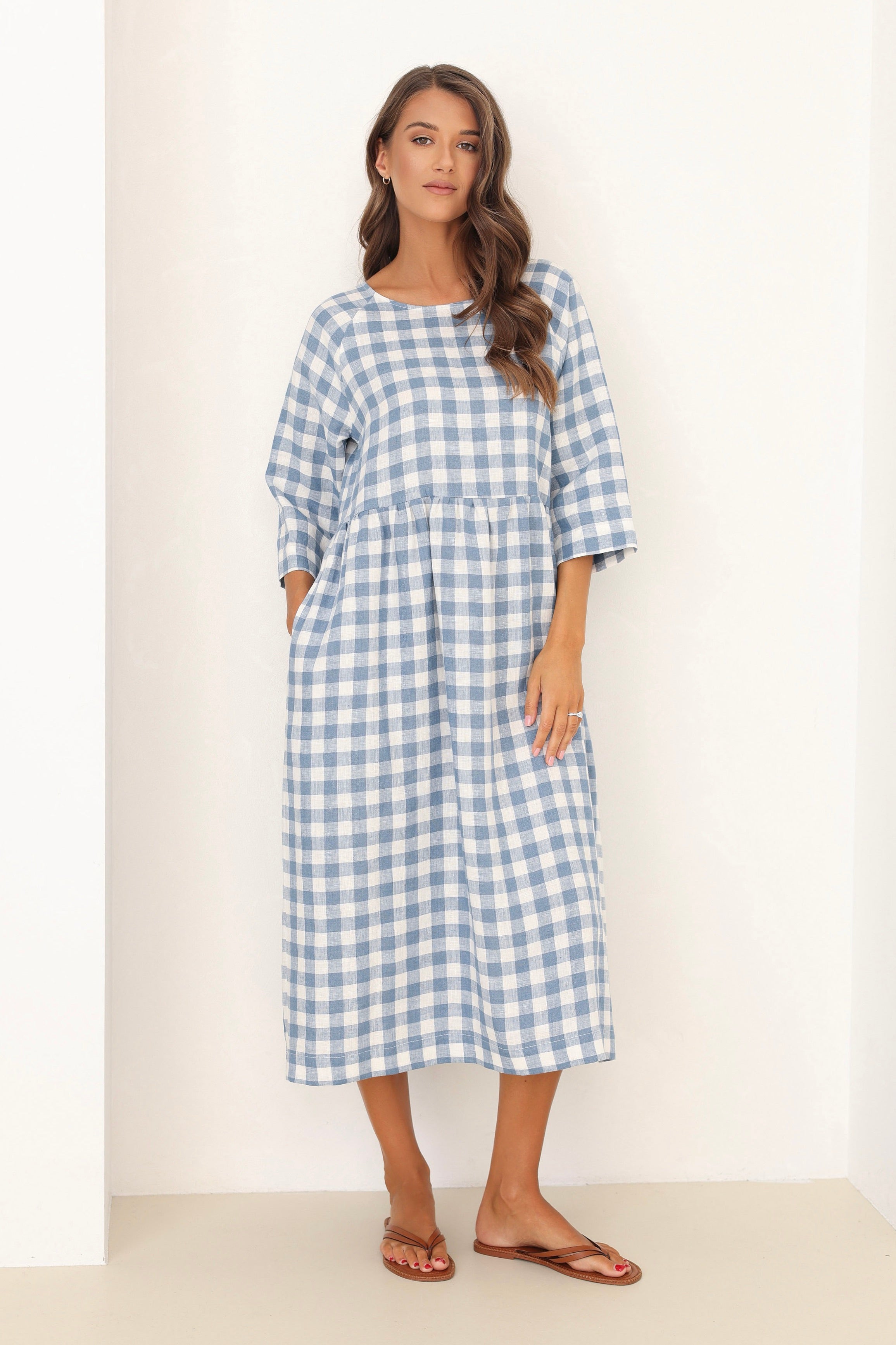 Linen Oversized Dress in Light Blue Gingham Linen Swan Linen Oversized Dress in Light Blue Gingham Linen Swan