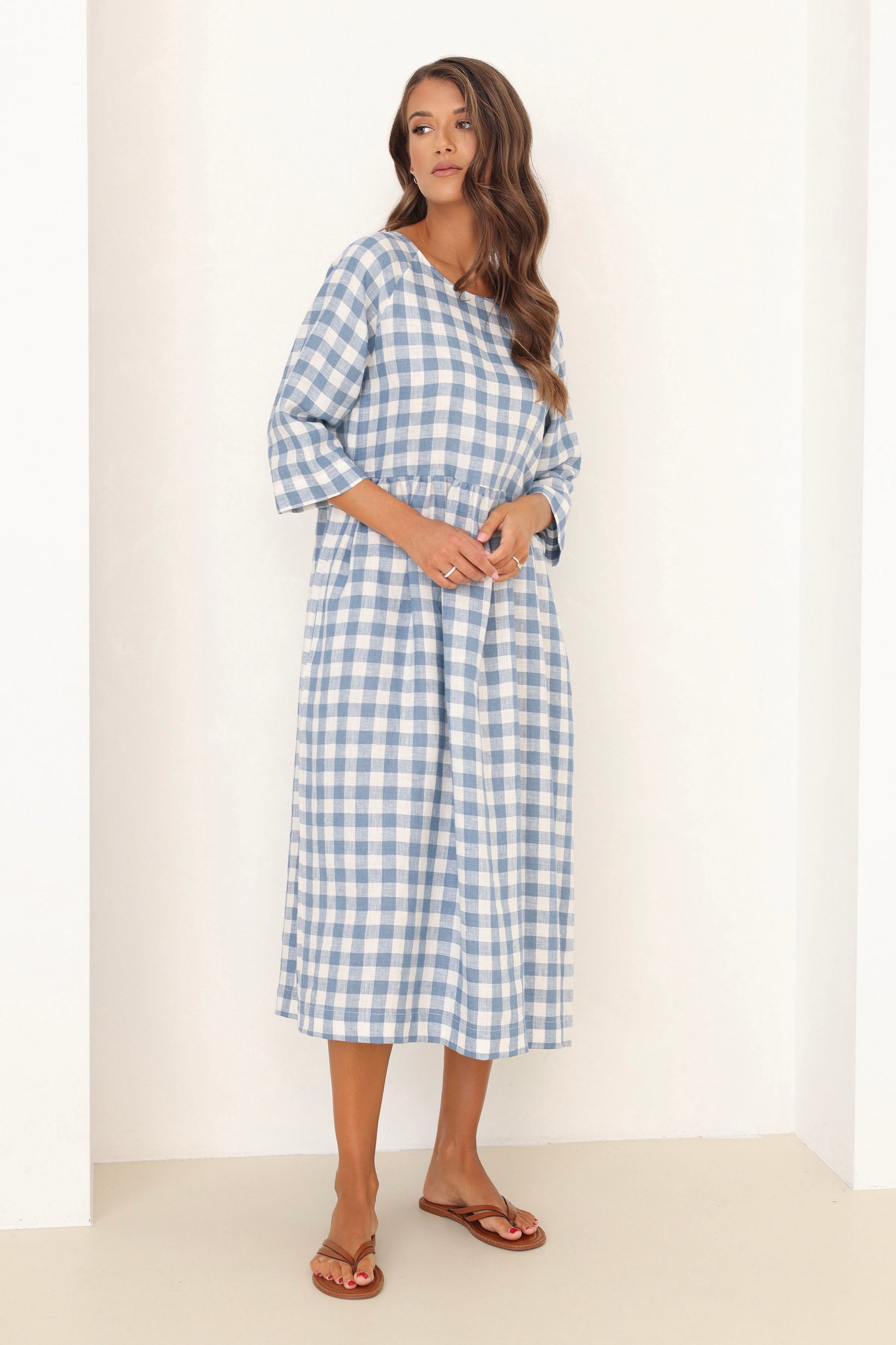 Linen Oversized Dress in Light Blue Gingham Linen Swan Linen Oversized Dress in Light Blue Gingham Linen Swan