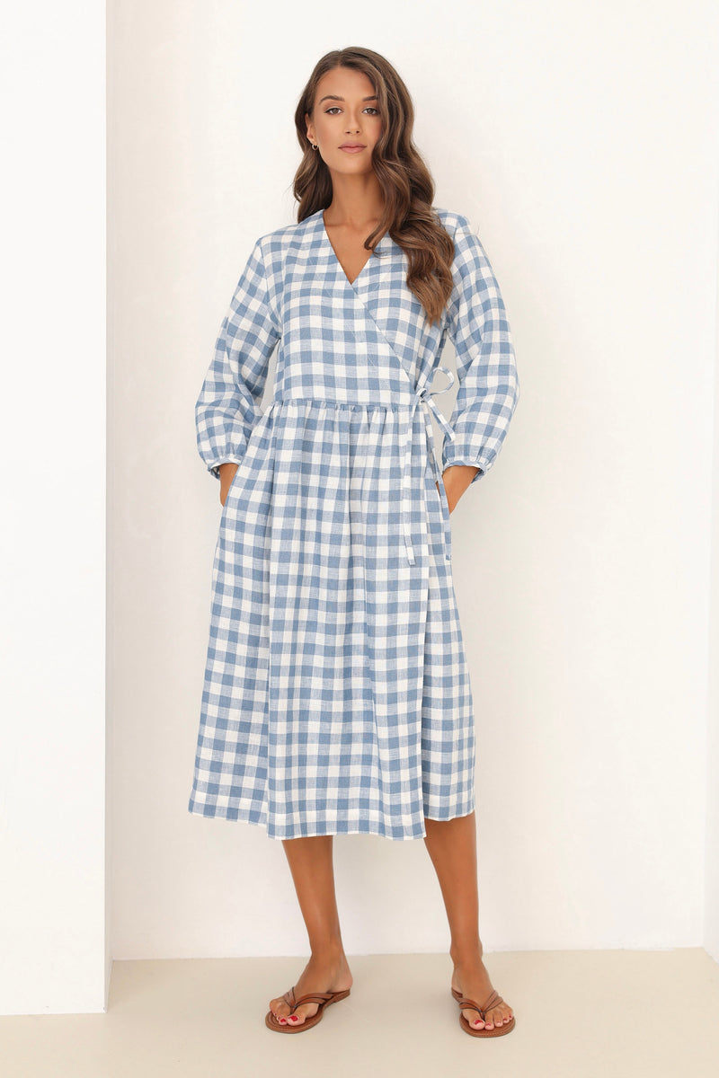 wrap linen dress blue checkered dress, blue gingham dress, blue and white checkered dress, linen dress, gingham dress, check dress, checkered dress, gingham linen dress, gingham clothes, midi linen dress, modest linen dress, lithuanian linen dress