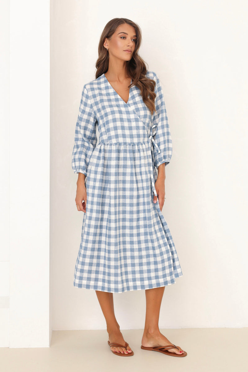 wrap linen dress blue checkered dress, blue gingham dress, blue and white checkered dress, linen dress, gingham dress, check dress, checkered dress, gingham linen dress, gingham clothes, midi linen dress, modest linen dress, lithuanian linen dress