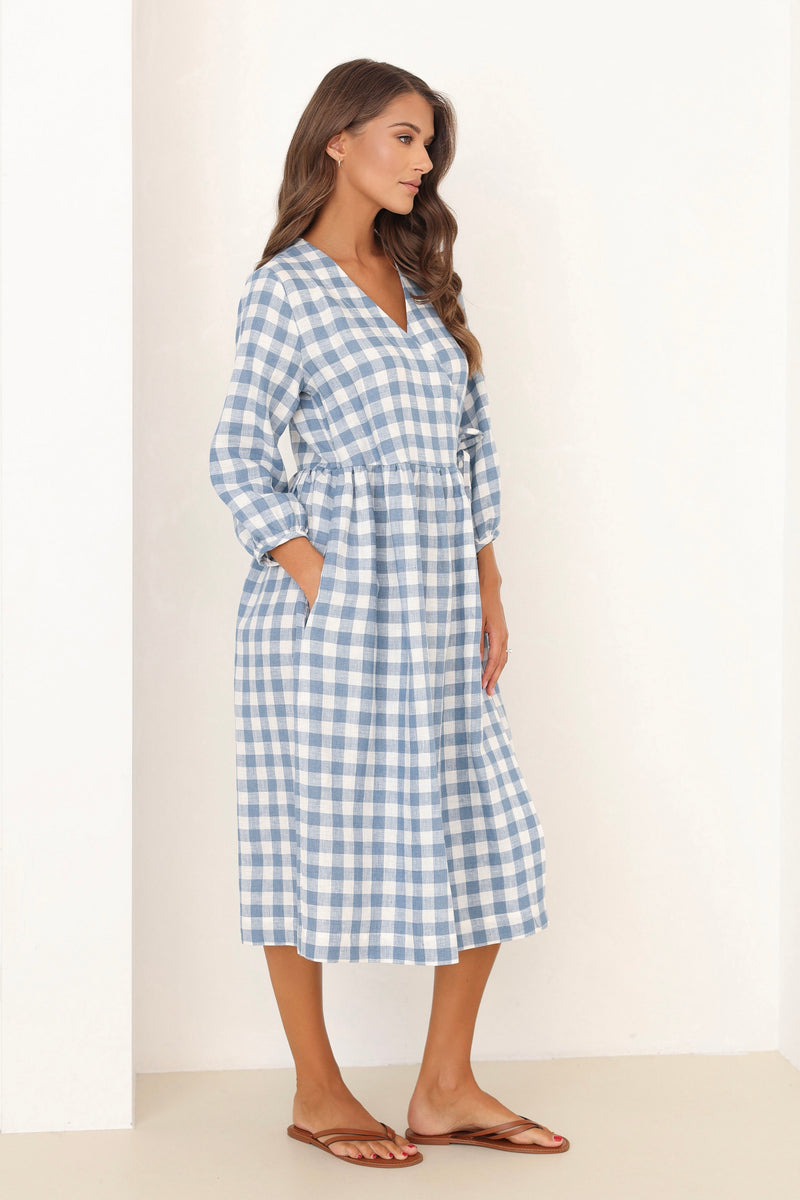 wrap linen dress blue checkered dress, blue gingham dress, blue and white checkered dress, linen dress, gingham dress, check dress, checkered dress, gingham linen dress, gingham clothes, midi linen dress, modest linen dress, lithuanian linen dress