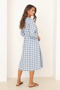 wrap linen dress blue checkered dress, blue gingham dress, blue and white checkered dress, linen dress, gingham dress, check dress, checkered dress, gingham linen dress, gingham clothes, midi linen dress, modest linen dress, lithuanian linen dress