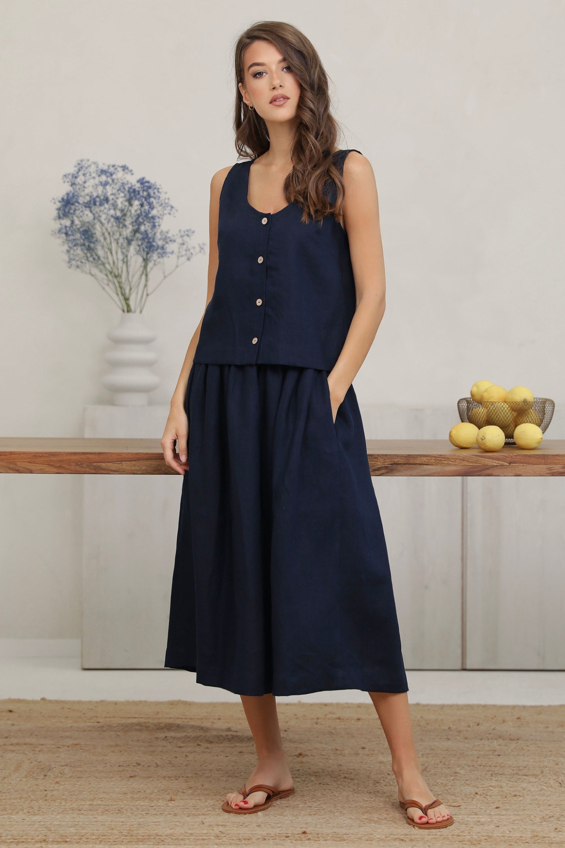 2 Pieces Linen Set in Dark Navy Blue Linen Swan 2 Pieces Linen Set in Dark Navy Blue Linen Swan