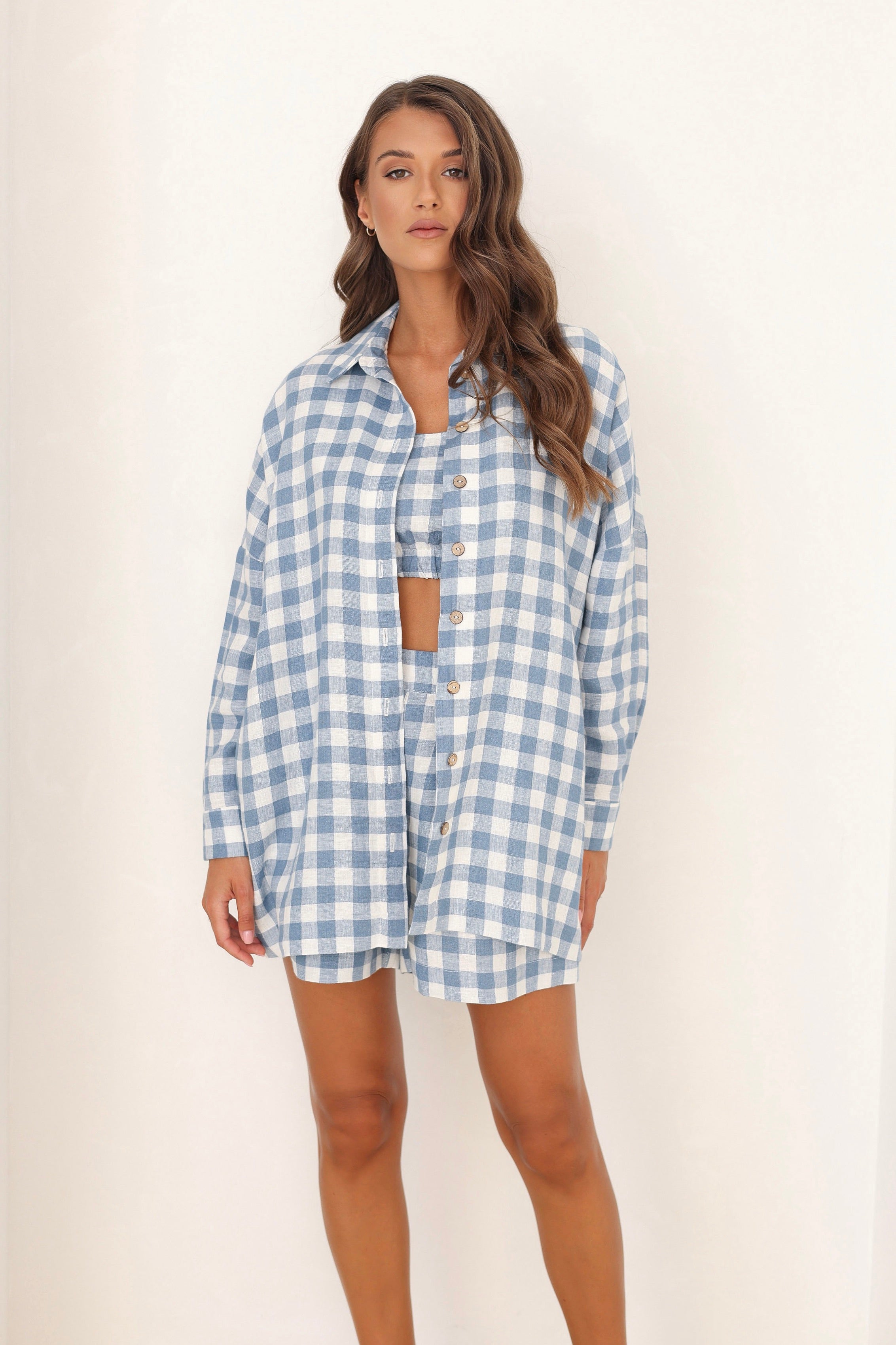 Linen Oversized Shirts in Light Blue Gingham Linen Swan Linen Oversized Shirts in Light Blue Gingham Linen Swan