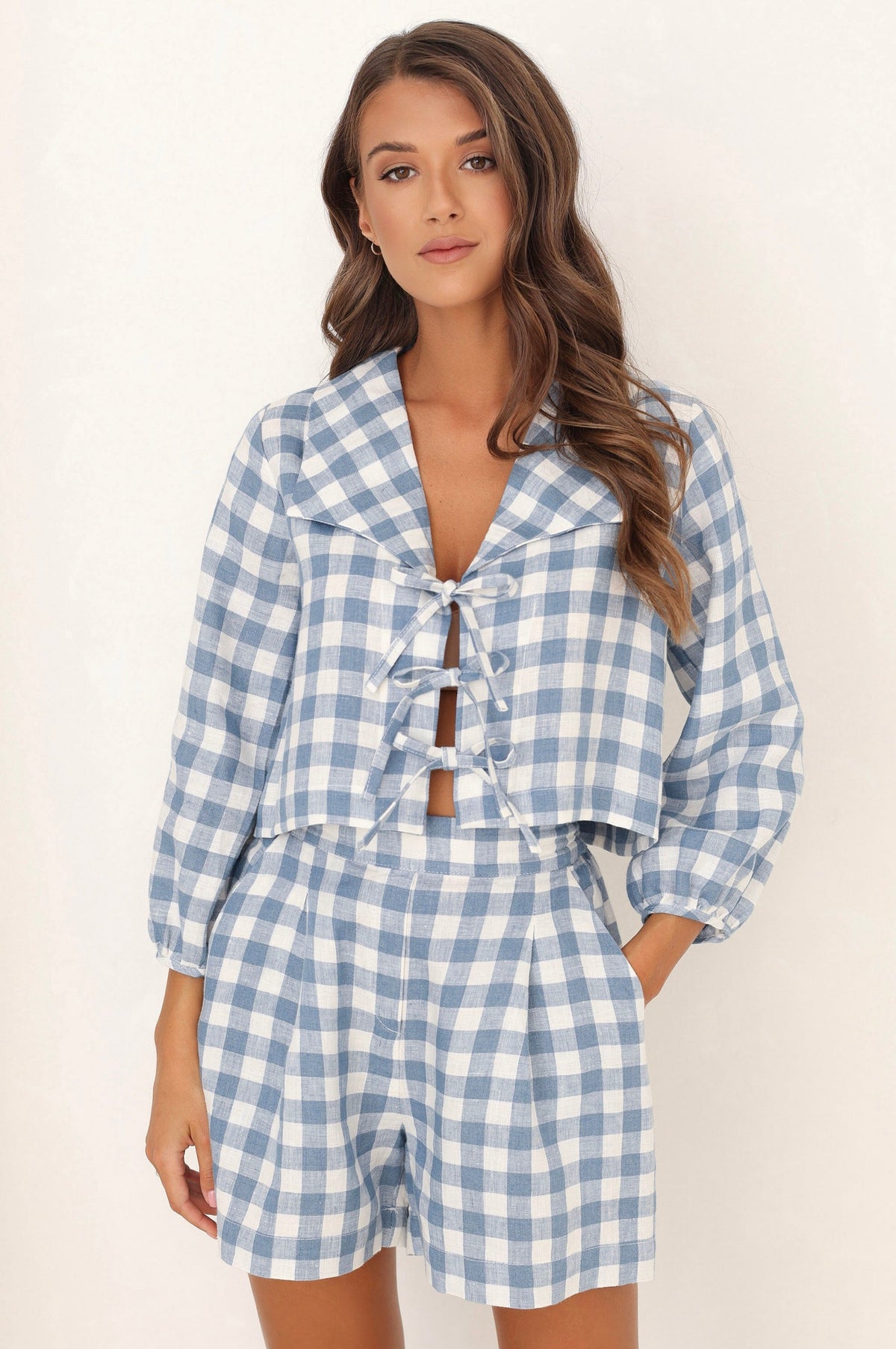 tie front linen top, tie front linen shirt, cropped linen jacket, gingham top, gingham linen top women, linen tops, basic linen top, blouses linen, linen blouse, linen shirt, linen clothing, linen clothes, linen clothes women, everyday linen