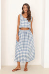 checkered linen skirt, checkered skirt, check skirt, blue gingham skirt, linen skirt, linen skirt with elastic waist, high waisted linen skirt, linen skirt pockets, linen skirt midi, summer linen skirt, casual skirt, light weight linen skirt