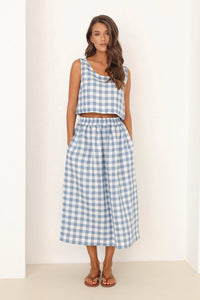 checkered linen skirt, checkered skirt, check skirt, blue gingham skirt, linen skirt, linen skirt with elastic waist, high waisted linen skirt, linen skirt pockets, linen skirt midi, summer linen skirt, casual skirt, light weight linen skirt