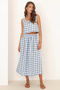 checkered linen skirt, checkered skirt, check skirt, blue gingham skirt, linen skirt, linen skirt with elastic waist, high waisted linen skirt, linen skirt pockets, linen skirt midi, summer linen skirt, casual skirt, light weight linen skirt