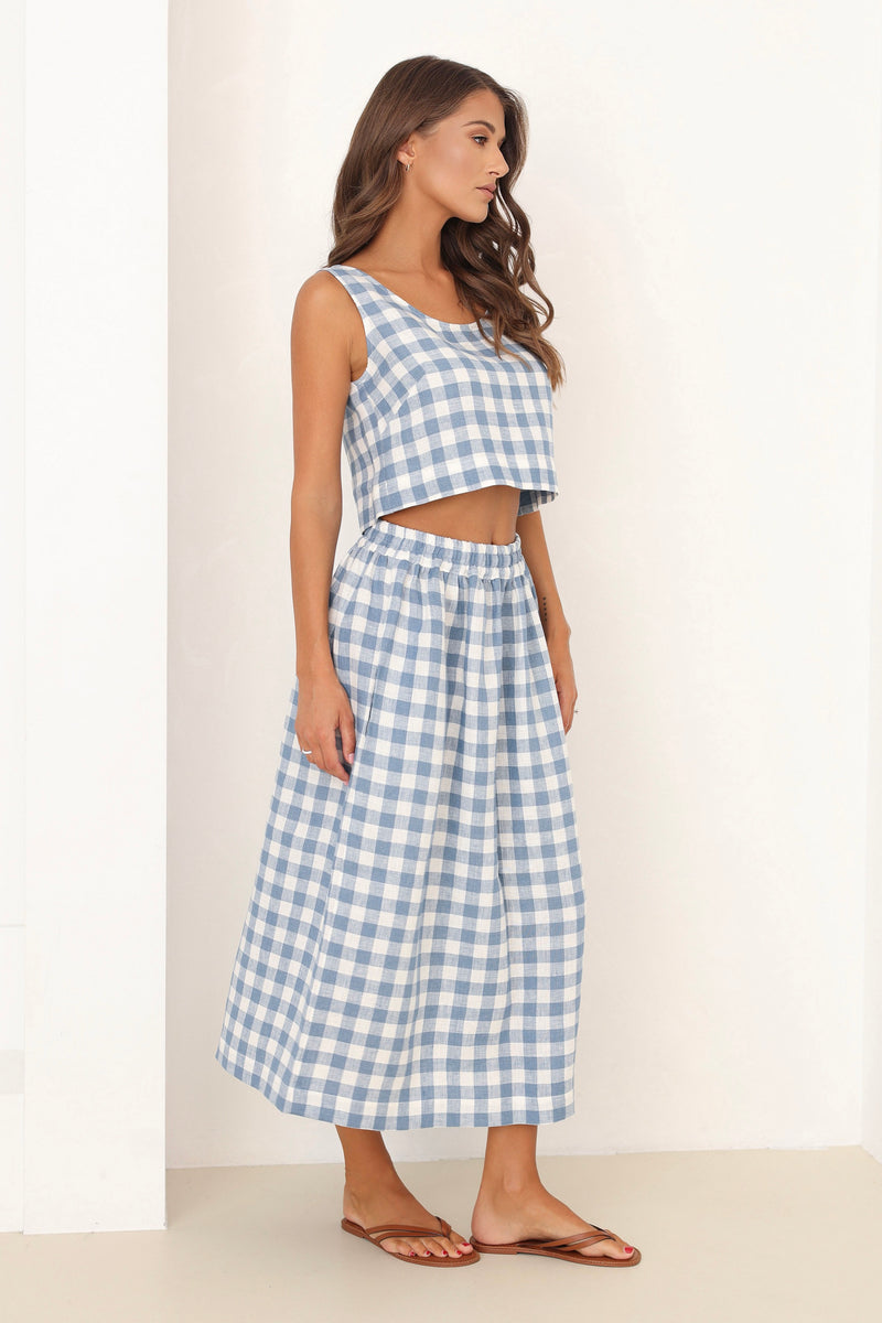 checkered linen skirt, checkered skirt, check skirt, blue gingham skirt, linen skirt, linen skirt with elastic waist, high waisted linen skirt, linen skirt pockets, linen skirt midi, summer linen skirt, casual skirt, light weight linen skirt