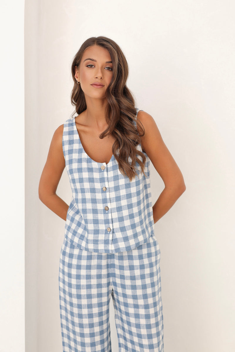 linen tank top, sleeveless linen top, linen sleeveless top, gingham top, gingham top women, blue gingham top, gingham linen clothes, basic linen top, blouses linen, linen blouse, linen tshirt, gingham sleeveless top, lithuanian linen clothes