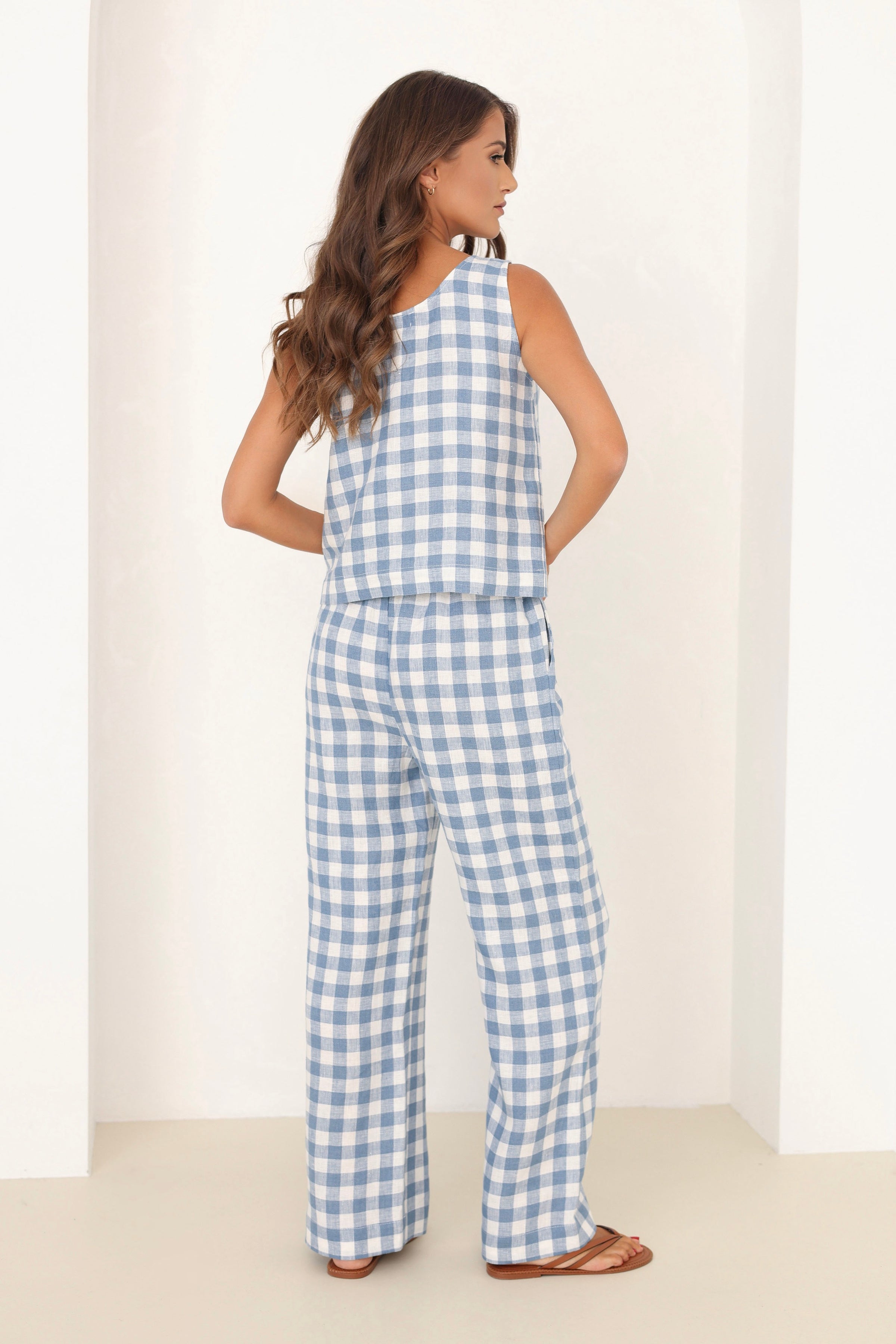 Linen Pants in Light Blue Gingham