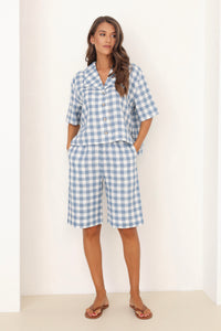 blue gingham shorts, Long linen shorts women, capris linen, capris pants, capris for women, capris women, linen pants, bottoms, high waisted linen pants, high waist linen trousers, culottes, linen, gingham clothes, gingham shorts, gingham pants