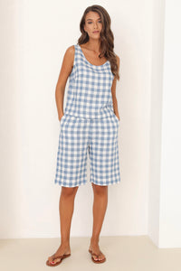 blue gingham shorts, Long linen shorts women, capris linen, capris pants, capris for women, capris women, linen pants, bottoms, high waisted linen pants, high waist linen trousers, culottes, linen, gingham clothes, gingham shorts, gingham pants