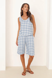 blue gingham top women, sleeveless linen top, linen sleeveless tank top, gingham top, gingham linen clothes, basic linen top, blouses linen, linen blouse, linen tshirt, everyday linen sleeveless top, gingham sleeveless top, lithuanian linen clothes