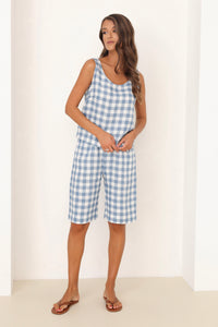 blue gingham shorts, Long linen shorts women, capris linen, capris pants, capris for women, capris women, linen pants, bottoms, high waisted linen pants, high waist linen trousers, culottes, linen, gingham clothes, gingham shorts, gingham pants